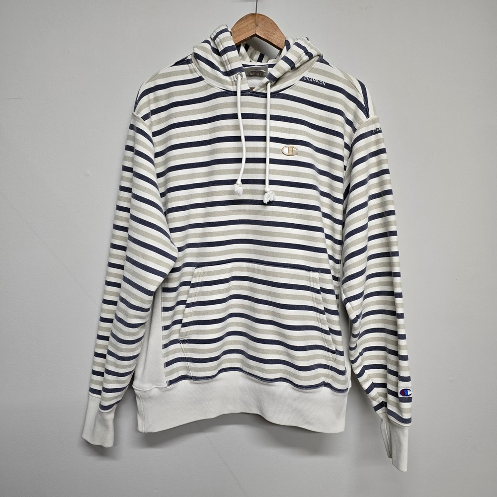 Champion Reverse Weave Hoodie Mens Large Cream Navy Striped Cotton Pullover